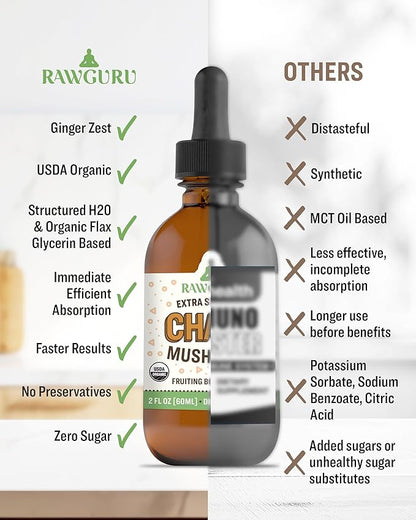 RawGuru Chaga Mushroom Supplement - Vegan Chaga Mushroom Extract with Trace Minerals - Nano-Processed Immunity Boost & Cognitive Supplement Tincture - 60 Servings of Vegan Drops per 60 ml, Pack of 1