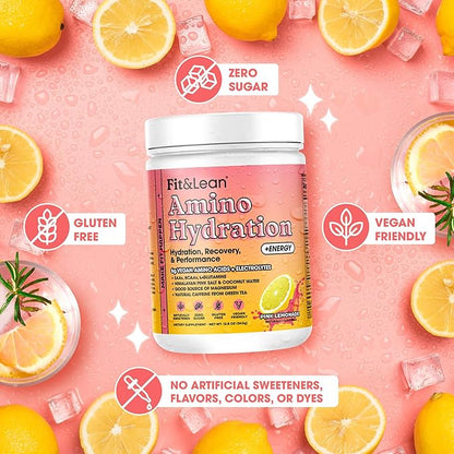 Fit & Lean Amino Hydration Plus Energy, Pre Workout Powder, 6g Vegan Essemtial Amino Acids, EAA, BCAA, Glutamine, Electrolytes & Natural Caffeine, Blue Raspberry, 30 Serve (30 Serve, Pink Lemonade)