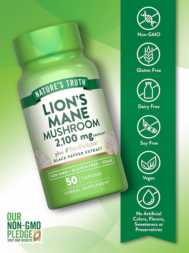 Nature's Truth Lions Mane Supplement Capsules | 2100mg | 50 Count | with BioPerine | Vegan, Non GMO & Gluten Free Formula
