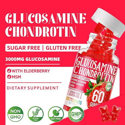 Glucosamine Chondroitin Gummies with MSM & Elderberry Extra Strength - Joint Support, Antioxidant Immune Support Supplement for Adults, Men & Women.60 Strawberry Gummies