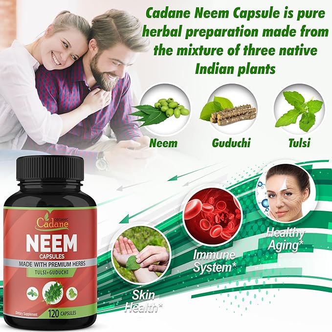 Organic Cadane Neem Leaf Supplements Capsules, 3in1 with Holy Basil Tulsi, Guduchi, 120 Vegetable Capsules | Supports Immune System | Fresh Pure Powder Leaves Herbs