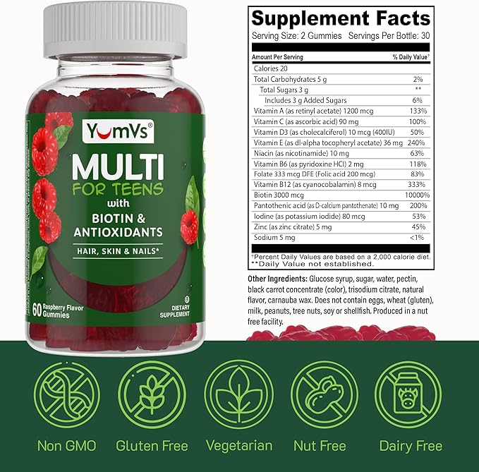 YumVs Teen Multivitamin Gummies with Biotin and Antioxidants - Raspberry Flavor - Hair Skin Nails Support - Vegetarian Kosher Teen Vitamins for Boys and Girls 12-17 - Teen Gummy Vitamins (60 Count)