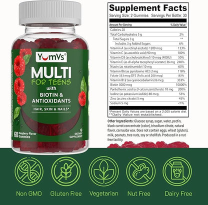 YumVs Teen Multivitamin Gummies with Biotin and Antioxidants - Raspberry Flavor - Hair Skin Nails Support - Vegetarian Kosher Teen Vitamins for Boys and Girls 12-17 - Teen Gummy Vitamins (60 Count)