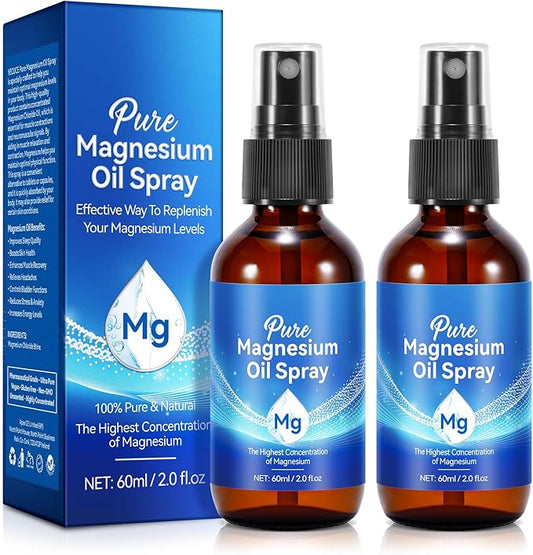 Pure Magnesium Oil Spray, Natural Organic Magnesium Oil, Easy to Use, Easy Quick to Absorb with Topical Glass Bottle(2PCS 60ML)