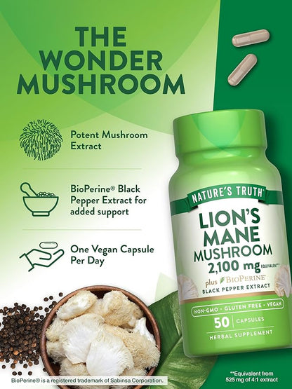 Nature's Truth Lions Mane Supplement Capsules | 2100mg | 50 Count | with BioPerine | Vegan, Non GMO & Gluten Free Formula