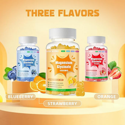 Magnesium Glycinate Gummies 1000mg - Sugar Free Magnesium Potassium Supplement with Vitamin D, B6, CoQ10 for Calm Mood & Sleep Support - 60 Orange Gummies