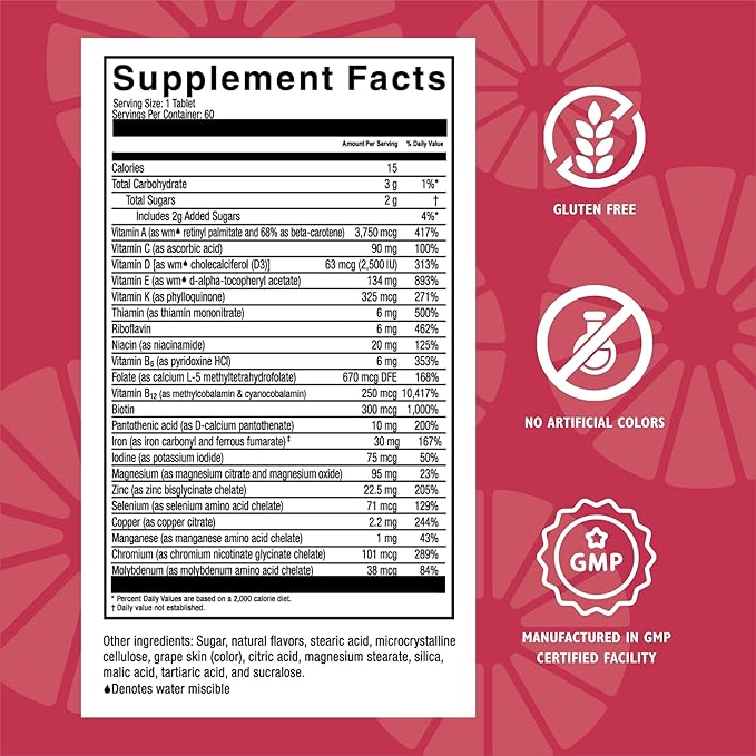 Celebrate Vitamins Multi ADEK Chewables, 60mg Iron - Daily Bariatric Multivitamin, Vitamins A, D, E, K & B12 for Duodenal Switch Surgery Patients - Grape (60 Tablets)
