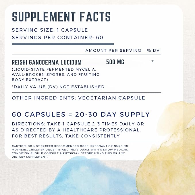 Primordia Pure Reishi Mushroom Supplement, 60 Capsules, Liquid State Fermentation, Reishi Ganoderma Lucidum Mushrooms, Gut Health & Immune Support, Promotes Restful Sleep