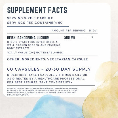Primordia Pure Reishi Mushroom Supplement, 60 Capsules, Liquid State Fermentation, Reishi Ganoderma Lucidum Mushrooms, Gut Health & Immune Support, Promotes Restful Sleep