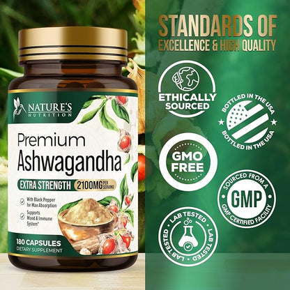 Herbal Ashwagandha 2,100 mg - Extra Strength Unwind, Calm & Relax Support with Black Pepper - Natural Focus & Energy Support - Ashwagandha Powder Supplements - Vegan, Gluten Free - 180 Capsules