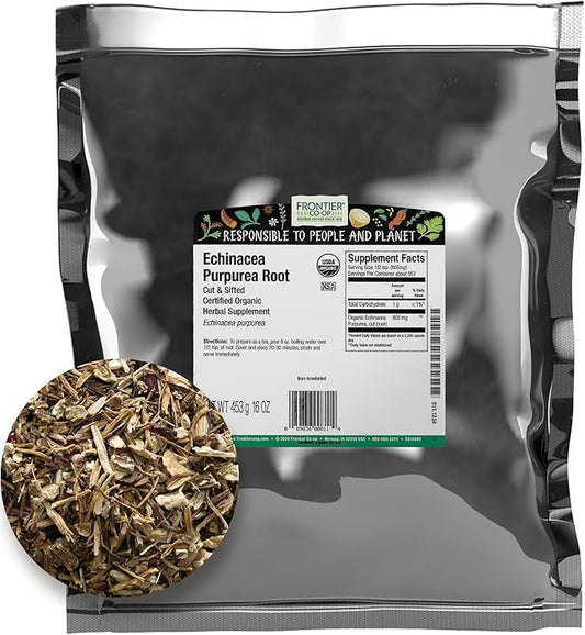 Frontier Co-op Echinacea Purpurea Root, Cut and Sifted, Certified Organic, Kosher | 1 lb. Bulk Bag | Echinacea purpurea (L.) Moench