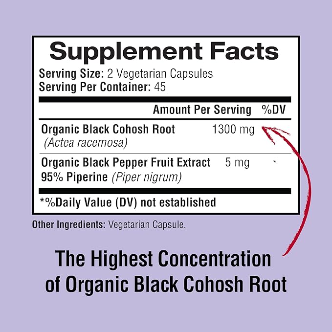Black Cohosh Made with Organic Black Cohosh Root 1300MG per Serving, Balance Hormones, Natural Menopause & Menstrual Support, Women Health Support, 90 Vegan Capsules, 45 Servings