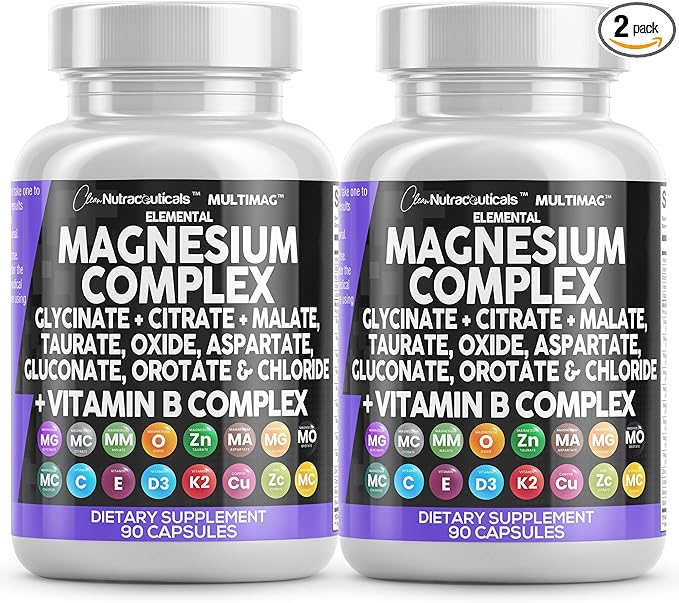 Clean Nutraceuticals Magnesium Complex 2285mg with Magnesium Glycinate Citrate Malate Oxide Taurate Aspartate Orotate & Mag Chloride, Zinc Copper Manganese & Vitamin C B1 B2 B6 B12 Complex - 2Pack