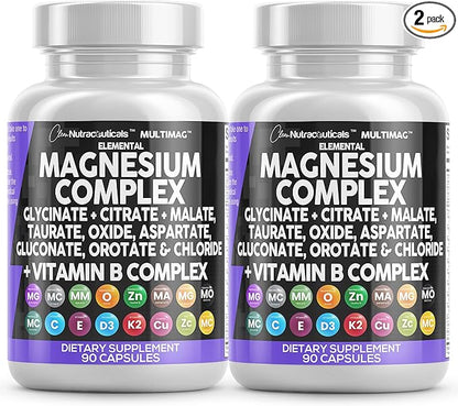 Clean Nutraceuticals Magnesium Complex 2285mg with Magnesium Glycinate Citrate Malate Oxide Taurate Aspartate Orotate & Mag Chloride, Zinc Copper Manganese & Vitamin C B1 B2 B6 B12 Complex - 2Pack
