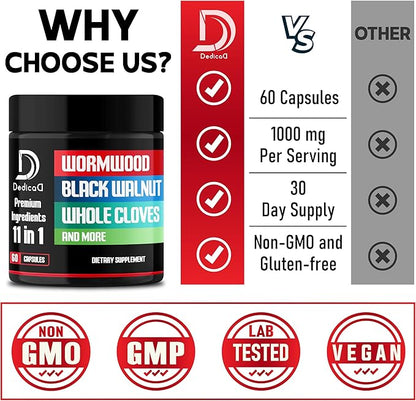 Wormwood Capsules Supplement - Extracted from Black Walnut, Cloves, Turmeric, Apple, Berberine HCl & More - 11 Ingredients combined for Immune System, Body Management & Digestion Health - 60 Capsules