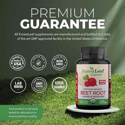 ForestLeaf Organic Beet Root Capsules - with Ginger & Grape Seed 16000mg Strength 20:1 Extract, Supports Nitric Oxide Production, Beets Supplements with Organic Non-GMO Beetroot Powder 120 Veggie Caps