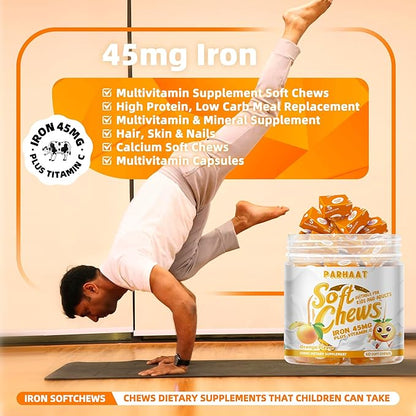 Iron Soft Chew Supplement with Vitamin C | Orange Flavored | Gluten Free | Iron Supplement for Women Men and Kids | 60 Count | 2 Month Supply