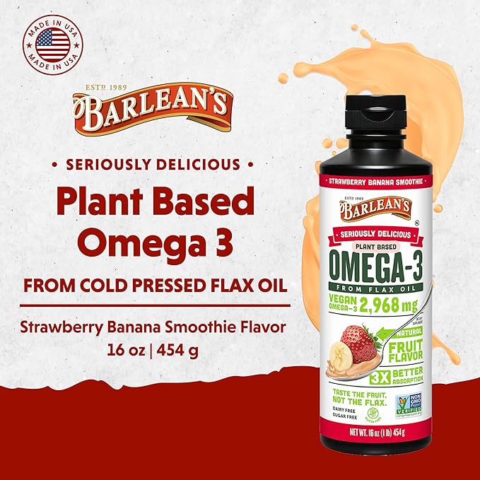 Barlean's Strawberry Banana Flaxseed Oil Liquid, Vegan Omega 3 6 9 Supplements for Kids & Adults from Cold Pressed Flax Seed Oil with 2,968 mg of Vegan Omegas, Non-GMO & Gluten Free, 8 oz
