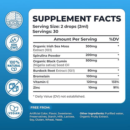 Irish Sea Moss Drops - 5X Stronger Than Sea Moss Gel - 92+ Essentials Minerals - with Bladderwrack, Burdock Root & Black Cumin - 2 Fl Oz (60ml) - Apple Flavor