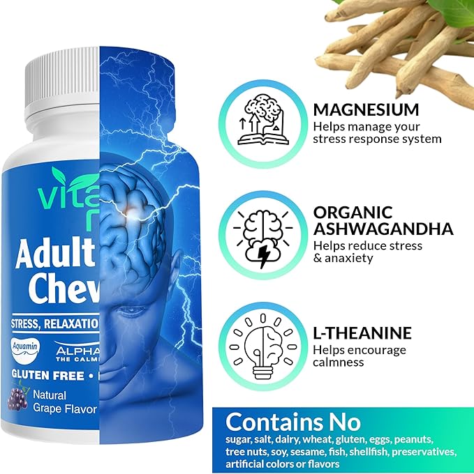 Magnesium & Ashwagandha Chewable Tablets for Adults – High Absorption Magnesium Stress Support Supplement – Gluten-Free, Vegan, Non-GMO, Grape-Flavored (60 Count)