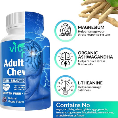 Magnesium & Ashwagandha Chewable Tablets for Adults – High Absorption Magnesium Stress Support Supplement – Gluten-Free, Vegan, Non-GMO, Grape-Flavored (60 Count)