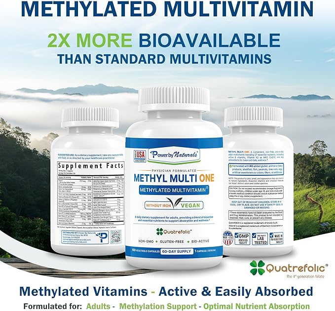 Power By Naturals Methyl Multi One - Iron-Free Methylated Multivitamin with Quatrefolic 5-MTHF, Active B12, P5P, CoQ10 & Zinc for MTHFR Support - Energy & Focus Formula - 60 Capsules (2-Month Supply)