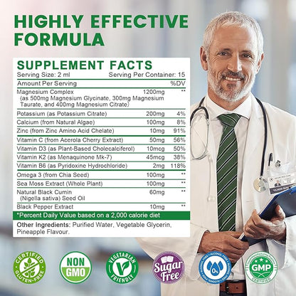 (2 Pack) Potassium Magnesium Supplement for Immune Health & Muscle Support, High Absorption, Triple Magnesium Complex with Glycinate, Taurate, Citrate and Potassium, Pineapple Flavour, 1 Fl Oz