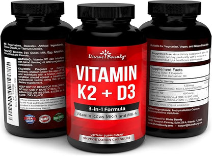 Vitamin K2 (MK7 & MK4) with D3 Supplement - Vitamin K & D as MK-7 100mcg, MK-4 500mcg, and 5000 IU Vitamin D3 3-in-1 Formula - Bone and Heart Support - 90 Non-GMO Vegetarian Capsules