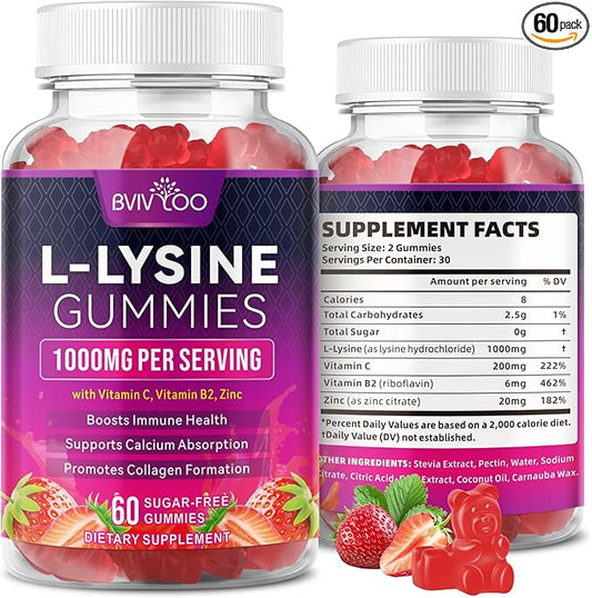 L-Lysine 1000mg Gummies for Immune Support & Skin Health - High Potency Vegan Gummies, Sugar-Free, Natural Berry Flavor, Gluten-Free Chewable Supplement for Adults & Kids - 60 Gummiess