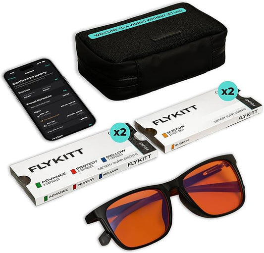 Flykitt Jet Lag Prevention System | Flight Essentials with App-Controlled Personalized Supplement Schedule and Blue Light Filtering Glasses | Prevent Jet Lag for a Full Roundtrip