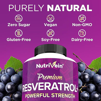 Nutrivein Premium Resveratrol 1450mg - 120 Caps: Pure Resveratrol Supplement Enhanced with Green Tea Leaf & Acai Berry - Aging, Defenses, Brain, and Joint Support