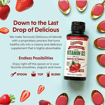 Barlean's Pack of 2 Liquid Vitamin D Supplement for Kids and Adults with 5000 IU D3, Strawberry Milkshake Flavored Sugar Free Vitamins for Children, 5.6 oz Each