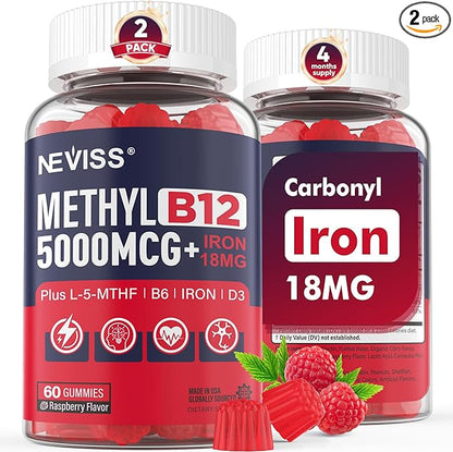 Iron 18mg + B12 Vitamins 5000 mcg Gummies for Adults Women & Men - w/Ultra Strength Active Methyl B-12, L-MethylFolate & B6 (P5P) - Carbonyl Iron Supplement Gummy for Energy, Immune & Focus,120Cts