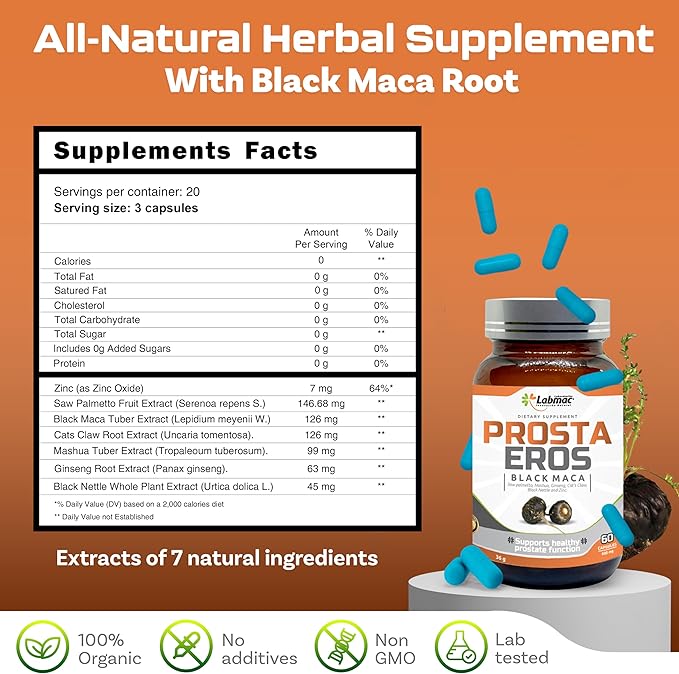 ProstaEros- Prostate Support Supplement - 7 Natural Ingredients- Black Maca, Saw Palmetto, Mashua, Cat's Claw, Gingseg, Black Nettle and Zinc. Capsules 60 Count (Pack of 1)