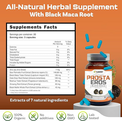ProstaEros- Prostate Support Supplement - 7 Natural Ingredients- Black Maca, Saw Palmetto, Mashua, Cat's Claw, Gingseg, Black Nettle and Zinc. Capsules 60 Count (Pack of 1)