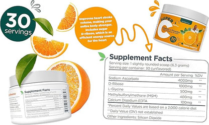 Dr. Keith's Own Super C-High Dose Powdered Vitamin C 4000mg with D-Ribose, Glycine, MSM-Highly Absorbable, Stomach-Friendly, Collagen Boost, Immune Support-Unflavored, 200 Grams (30 Servings)