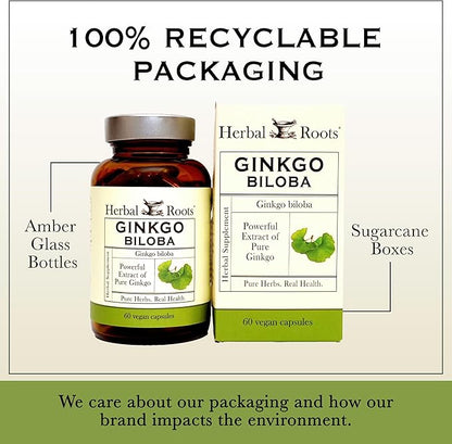 Herbal Roots Organic Ginkgo Biloba Made with Pure Organic Ginkgo Leaf and Extract - 60 Vegan Capsules