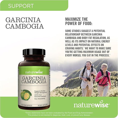 Naturewise Garcinia Cambogia - 60% HCA Concentration Extract, Natural Support for Weight Goals and Energy Levels - Vegan, Non-GMO, Gluten Free - 180 Capsules[2-6 Month Supply]
