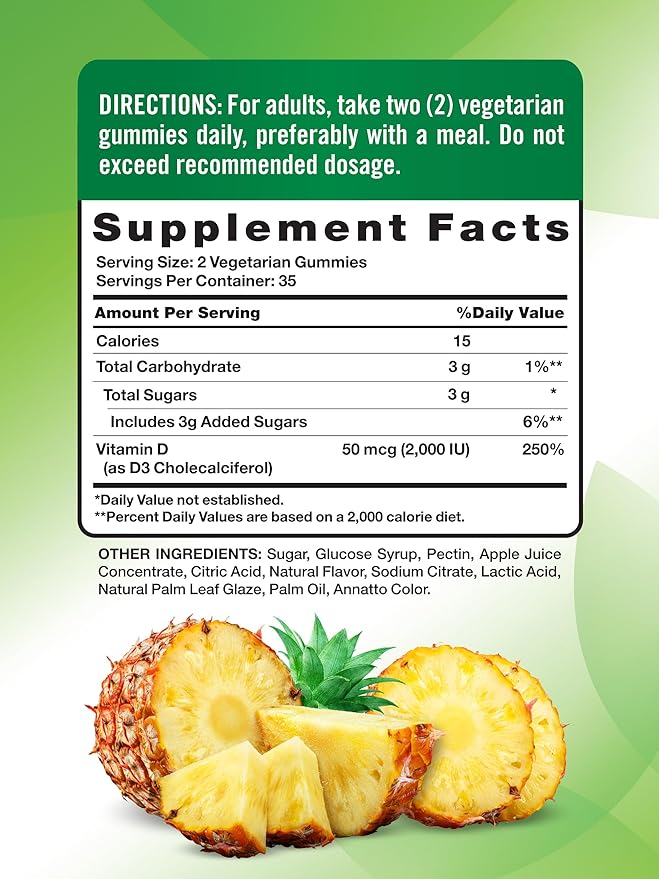 Nature's Truth Vitamin D3 Gummies | 2000 IU | 70 Count | Pineapple Flavor | Vegetarian, Non-GMO and Gluten Free Supplement