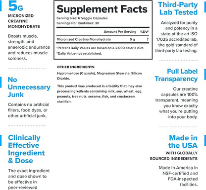 LEGION Micronized Creatine Monohydrate Supplement - Clean Creatine Powder for Muscle Gain & Post Workout Recovery - Micronized Creatine Supplement for Maximum Absorption (30 Servings, Capsule)
