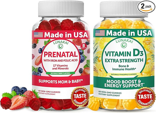 Lunakai Prenatal and Vitamin D3 Gummies Bundle - Pregnancy Multivitamin Gummy with Iron & Folic Acid - Immunity, Bone and Mood Support Supplement for Adults - 30 Days Supply