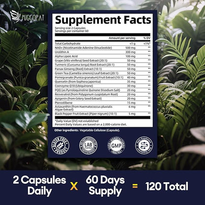 NAD Supplement for Women Men with Urolithin A, Resveratrol, PQQ, Alpha Lipoic Acid, Quercetin | NAD+ Supplement for Anti Aging, Energy, Antioxidant, Metabolism Support, 120 Capsules