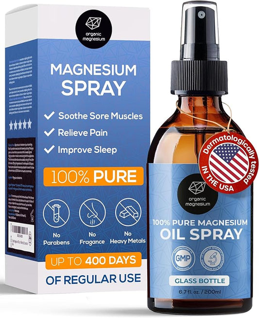 Organic Magnesium Spray Oil in Glass Bottle with Extra Spray - 100% Pure Topical Magnesium Chloride for Leg Cramps from Ancient Zechstein Seabed | for Sports, Relaxing & Sleep