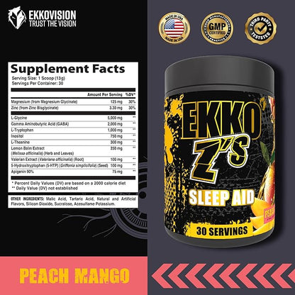 EKKO Z’S Sleep Aid Formula, Peach Mango Flavor, Sleep Support Powder with Magnesium Bisglycinate, Zinc, GABA, L Theanine, Melatonin, Adaptogens, Relaxation Support for Men & Women, 30 Srvgs