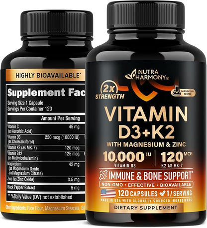 Vitamin D3 K2 - Vitamin D3 10000 iu & K2 as MK-7 120 mcg - Immune & Mood Support, for Bone & Teeth Health - with Magnesium, Zinc & Vitamin C & B12 - Highly Bioavailable - Made in USA, 120 Capsules