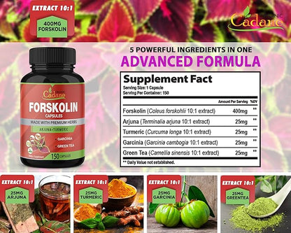 Organic Cadane Forskolin Supplement Capsules - 5in1 Concentrated with Turmeric Curcumin, Arjuna, Garcinia Cambogia, and Green Tea - 150 Capsules for 5 Months Supply