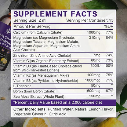 Calcium Magnesium Zinc 1300mg with Magnesium Glycinate, Vitamin C D3 K2 B6 and Sea Moss | Calcium Supplement Calcium with Vitamin D3 K2 Liquid Drop | Gluten Free | 2 Pack