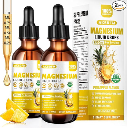 Magnesium Glycinate Liquid 2 Pack - 1500mg Maximized Absorption Magnesium Complex Supplement to Support Stress Relief, Night, Heart Health, Nerves and Muscles - Pineapple Flavor