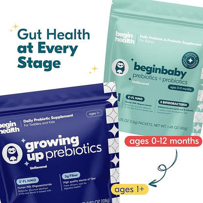 Begin Health BeginBaby Prebiotics and Probiotics for Infants 0-12 Months | Baby Formula Prebiotic + Probiotic Powder with 2'-FL HMO's & B. Infantis for Optimal Digestion | 28-Packs - Unflavored