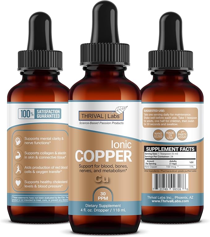 Ionic Colloidal Copper Liquid (30 PPM) | Mental Clarity & Nerve Function | Hair, Skin, Nails & Collagen | Red Blood Cells & Energy Production | Cholesterol Levels & Blood Pressure (4oz Dropper)